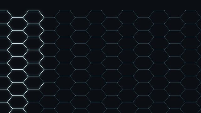 3D animation of glowing neon graphene lattice structure forming and dissolving, scientific research background