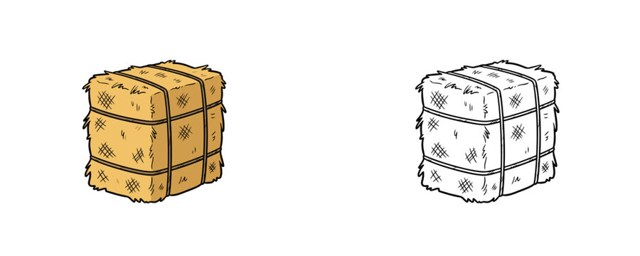 Square tied hay bale in flat colored and line art cartoon vector illustration style on white background