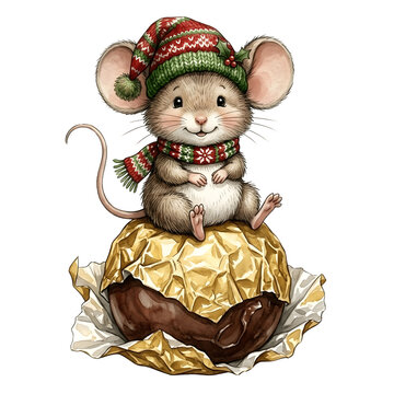 Charming little mouse wearing a cozy winter hat and scarf sitting on top of a wrapped chocolate truffle with chocolate christmas whiskers clothing
