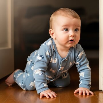 Curious baby crawling on wooden floor in cozy home.