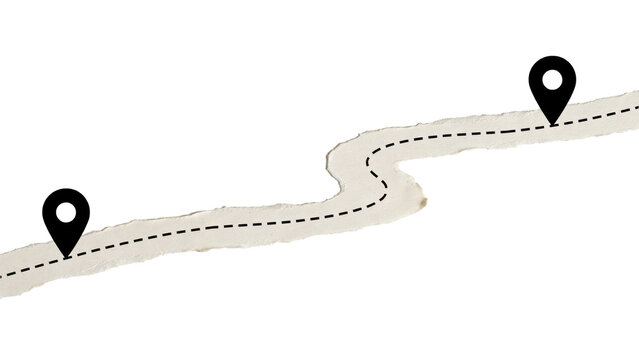 Winding path with two black map location pins on a textured paper strip isolated on a transparent background