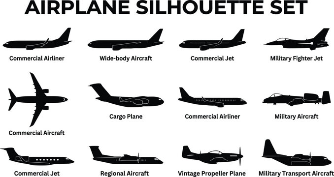Airplane silhouette set including commercial airliner cargo jet military fighter aircraft and vintage propeller plane side view vector