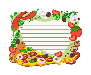 Naklejka premium Funny kids pizza memo note frame template featuring a detailed cartoon pizza slice surrounded by fresh ingredients including tomatoes, mushrooms, chili pepper and herbs. Fun stationery design for kids