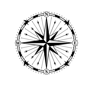 Vintage ship compass rose emblem with cardinal directions markings. Black white navigation symbol with lines, arrows and dots for geography maps, compasses, nautical charts and pirate games