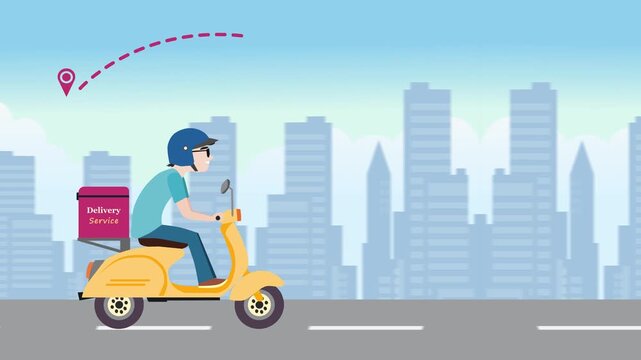 A delivery man using a scooter on the road with a city background