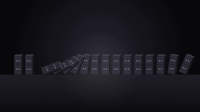 animation of black dominoes falling in sequence, dark background, abstract motion graphic