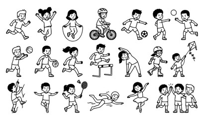 Obraz premium Active Kids Playing Sports and Outdoor Activities Black White Vector Set