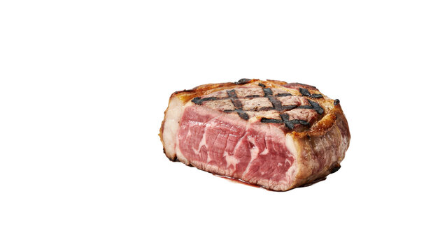 A thick cut of grilled beef steak with distinct charred grill marks on and pink marbled meat texture isolated on a transparent background