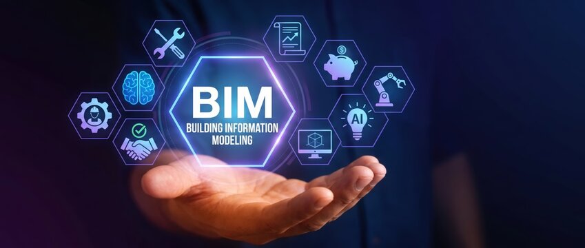 A hand grasping a holographic bim icon surrounded by diverse technology and engineering symbols illustrating building information modeling within a digital landscape.
