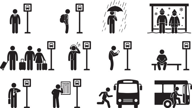 Set of stick figure icons showing people waiting for a bus at a stop in various situations