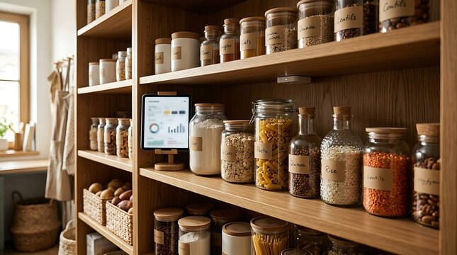 A well-organized pantry features wooden shelves stocked with labeled glass jars containing various grains, pasta, and dry goods, alongside a tablet displaying a digital inventory interface.