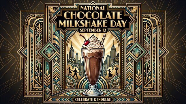 Art deco poster design celebrating national chocolate milkshake day with ornate vintage border and typography chocolate milkshake