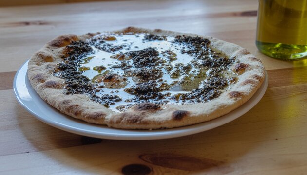 Freshly baked manoushe with thyme and olive oil on wooden table