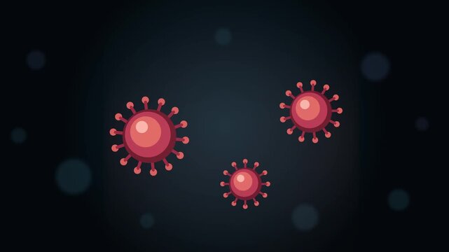 Animation of red viruses floating in dark bacteriological background, representing global pandemic threat