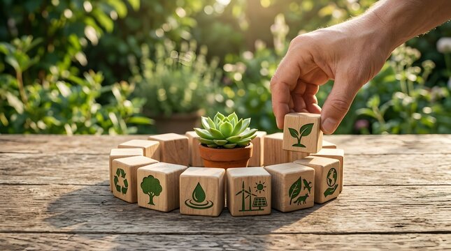 Eco friendly environment conservation concept with hand holding wooden cube featuring sustainable green energy icons