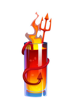 Fiery Halloween holiday cocktail in a tall glass with flames, devil tail wrapped around, and a red trident stirrer. Bold and spicy spooky cartoon vector beverage for themed and creative bar menus