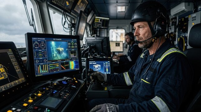 Man operating remote subsea vehicle controls in a ship's bridge, displaying ROV telemetry and subsea operations data.