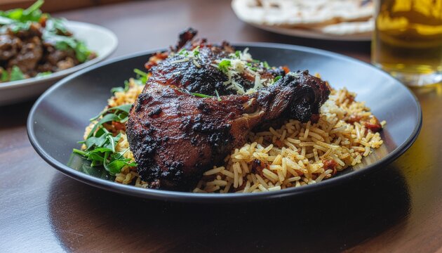 Slow Cooked Roasted Lamb Served Over Fragrant Spiced Basmati Rice Platter