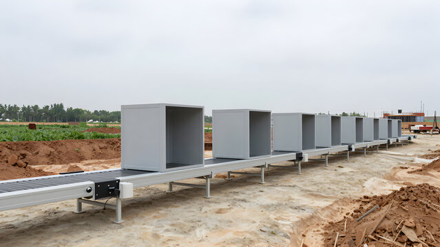 Row of modular portable storage containers on dirt ground