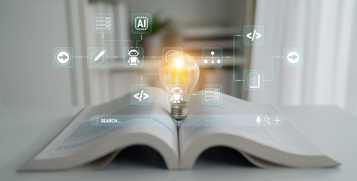 Light Bulb on Open Book with Digital Icons Representing Knowledge, Learning, Innovation, and Technology in a Modern Classroom Setting Fluxor.