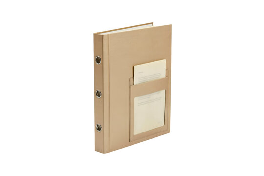 Beige ring binder folder with a front cover pocket and metal rings for organizing documents and office paperwork isolated on a transparent background