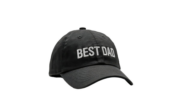 Black baseball cap with embroidered white text dad on the front panel isolated on a transparent background