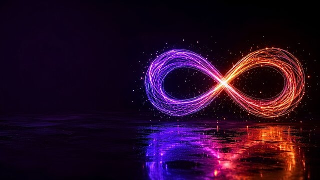 Infinity symbol neon light, purple and orange glowing energy loop with copy space background