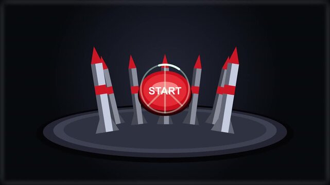 3d animation nuclear missiles arsenal ready start button peace sign blocked launch, war concept