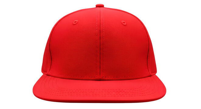Red baseball cap with flat brim and button on top, isolated on transparent background.