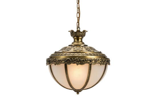 Antique brass pendant light fixture with frosted glass bowl shade and ornate decorative filigree detailing isolated on a transparent background