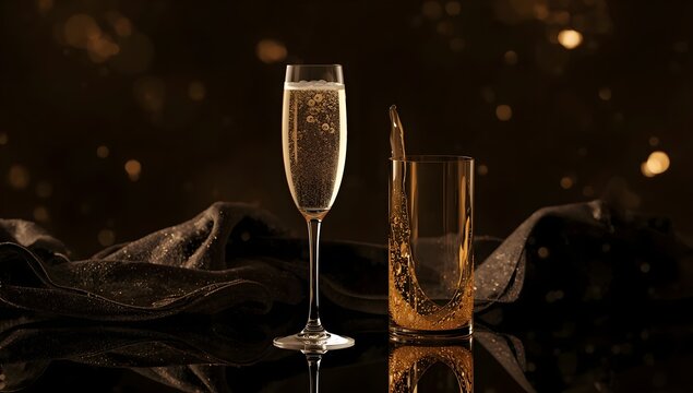 Luxury Champagne Glass and Tumbler with Golden Liquid Splash on Dark Background