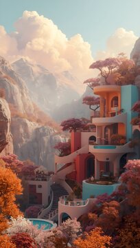Colorful Surreal Terraced Architecture Nestled in Mountain Valley with Blossom Trees