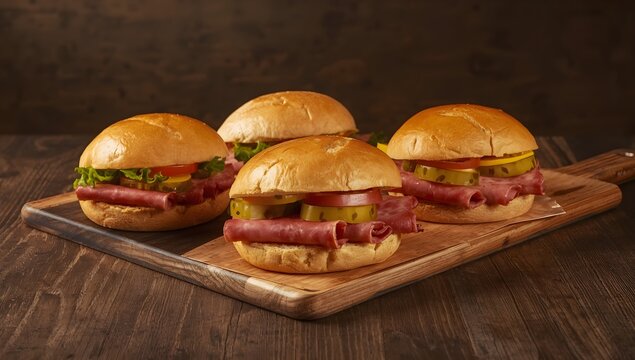 Delicious Fresh Ham Sub Sandwiches with Lettuce and Tomato on Wooden Board