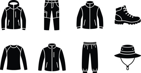 Outdoor Apparel and Hiking Gear Vector Icon Set Featuring Waterproof Jacket Cargo Pants Boots and Sun Hat © ORCHONA