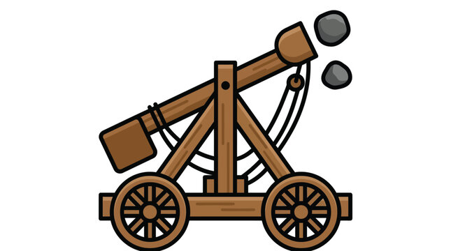 Medieval wooden catapult launching heavy stones featuring rustic brown textures with bold black outlines in a clean flat design style