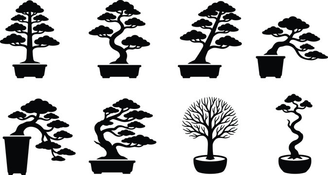 Potted Bonsai Tree Styles Vector Icon Set Featuring Chokkan Moyogi Shakan Cascade and Literati Forms