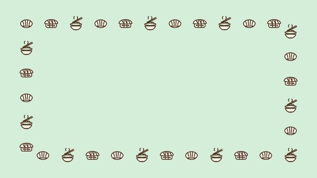 Animated Japanese food icons border on green background. 4K Video