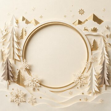 Luxury white and gold winter holiday paper cut background with circular copy space, 3d snowflakes, pine trees, and mountains