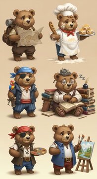 Cute Cartoon Bears in Various Creative Professions.