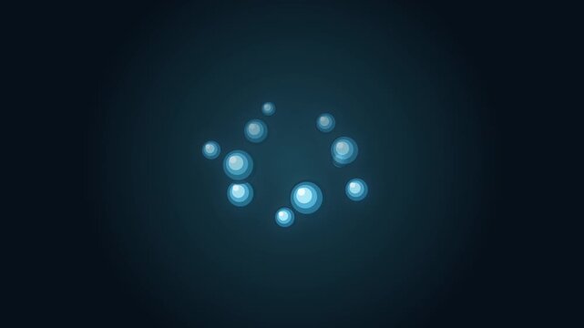 3D animation motion graphic of light blue water drops floating and swirling gently in zero gravity on dark background