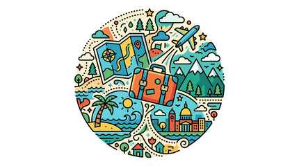Naklejka premium A colorful circular illustration representing a global travel vacation with a suitcase, map, and airplane for a summer adventure.