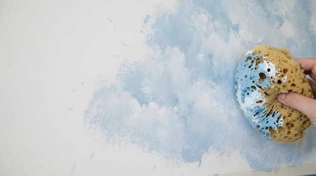 Applying light blue and white faux finish paint on wall using natural sea sponge for cloud effect texture close up