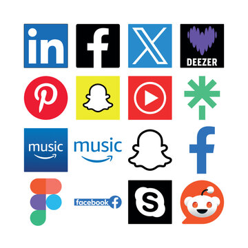 Social Media Logos: LinkedIn, Facebook, X, Deezer, Pinterest, Snapchat, YouTube, Amazon Music, Amazon, Spotify, Reddit, Instagram, TikTok, Twitter, WhatsApp, Telegram