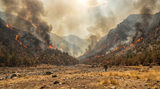 Massive wildfire spreading through a steep mountain valley