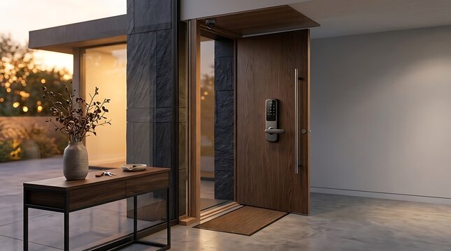 Open wooden entrance door featuring a electronic smart lock in a modern luxury home interior with a hallway table, decorative vase, large glass panels, and warm evening lighting outside.