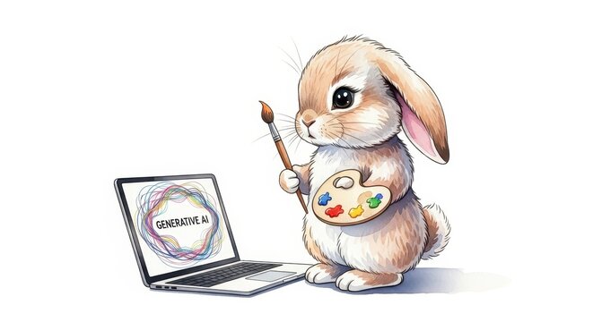 Cute cartoon rabbit painting on laptop screen.