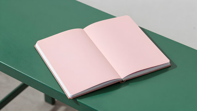 Open pink notebook on a green table surface