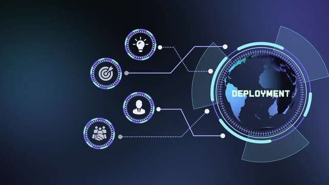 Cloud system deployment and tech infrastructure vector concept showing global network connectivity with interactive business icons.