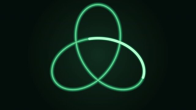 Animated 3D loop of a luminous green triple toroidal knot, resembling a serpent, with continuous motion