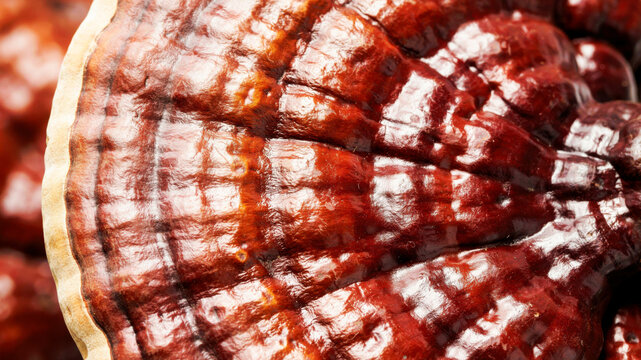 Close-up of Reishi mushroom (Ganoderma lucidum) showing detailed texture and color